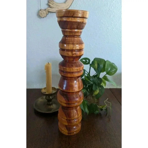 Wood Candlestick Holder Hand Carved‎ Turned Wooden Vase 14.5" Inches - Picture 1 of 10
